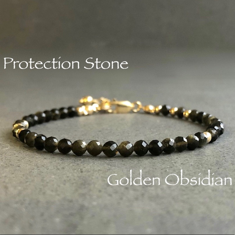 Gold Obsidian Bracelet Beaded Dainty Stacking Minimalist Handmade